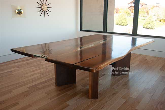 custom made walnut slab table from other side showing glass
